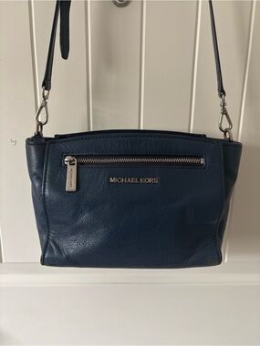Michael Kors Sophie Navy Blue Leather Crossbody Bag Silver Hardware